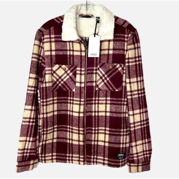 WESC Liam Unisex Shirt Jacket - Cream + Maroon - Picture 1 of 8